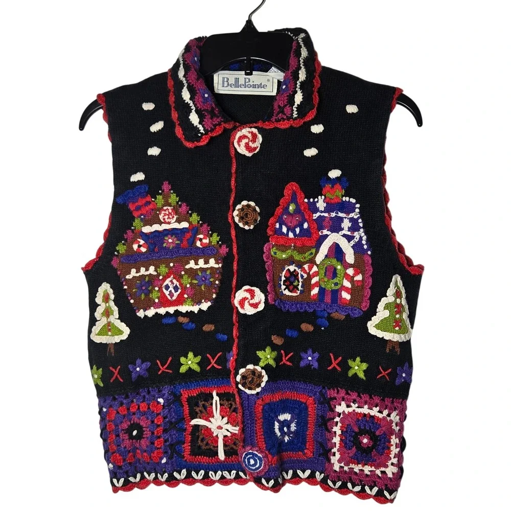 Gingerbread House Christmas Vest Size Small Festive Ugly Granny Square Crochet‎